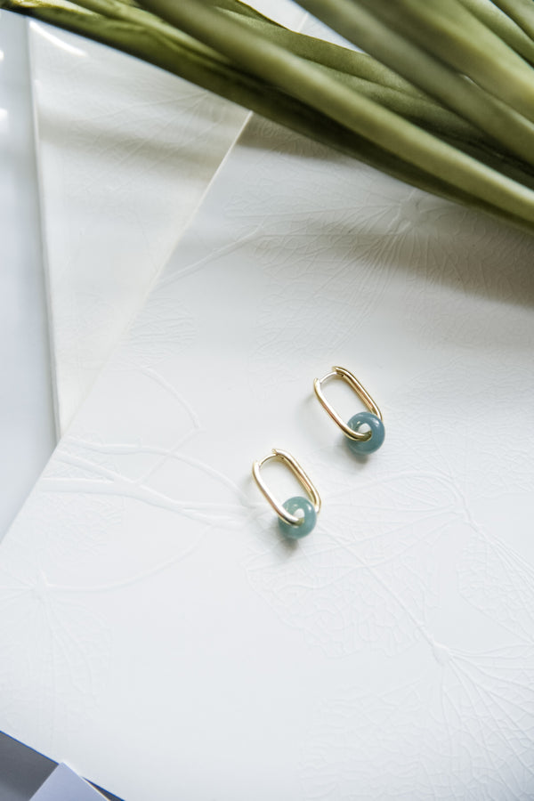 Teal Jade & Gold Paperclip Hoops